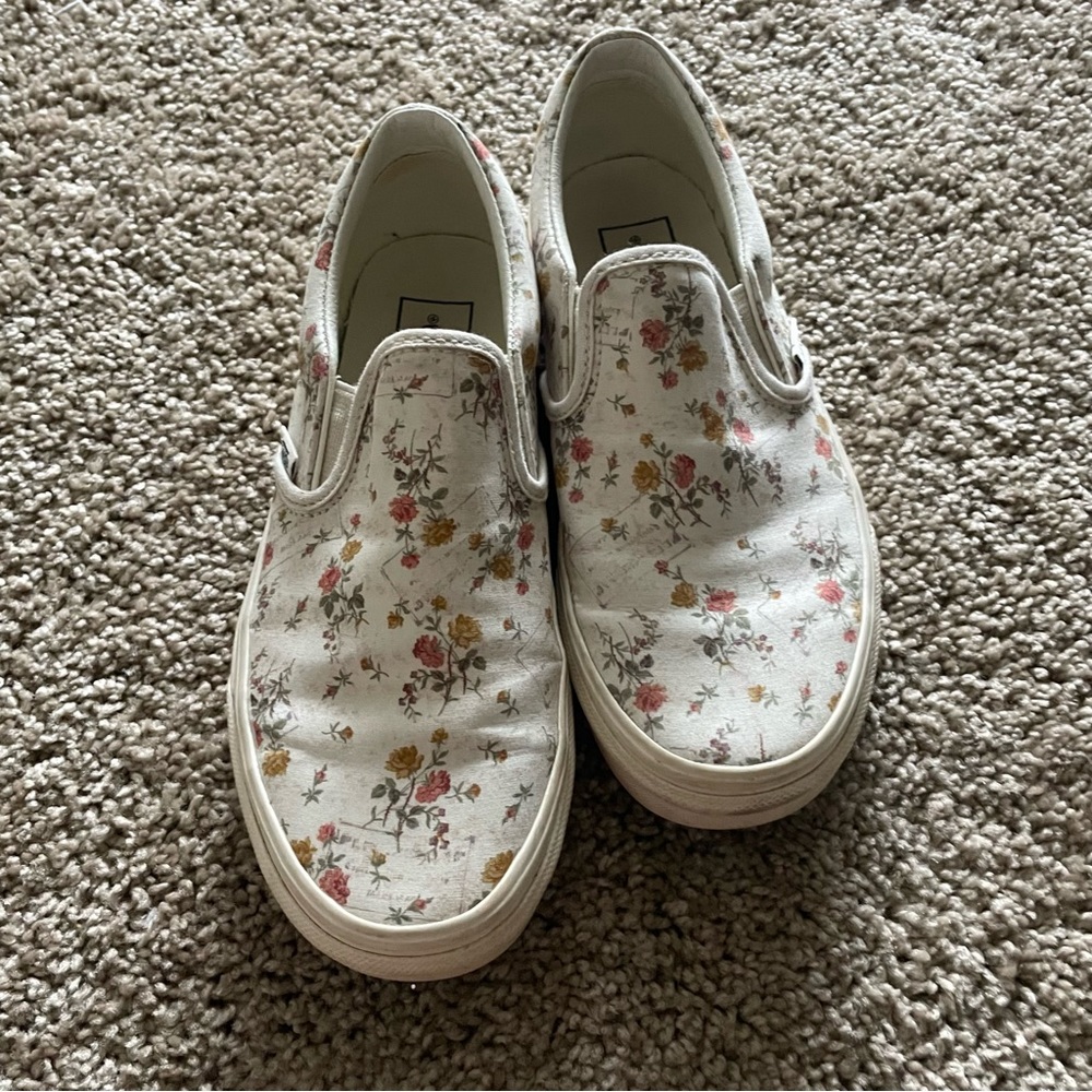 Vans Slip-On Floral Canvas Sneakers in White with Pink and Yellow Flowers